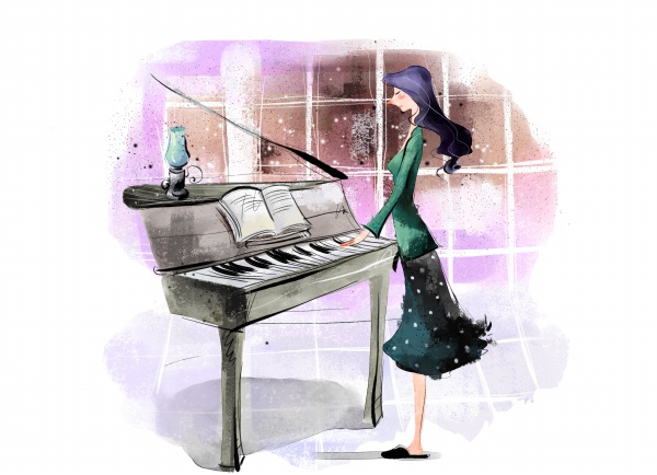 弹钢琴的女孩psd插画